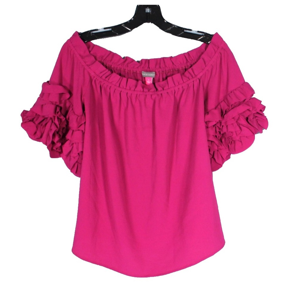 VINCE CAMUTO Dk Pink CREPE Off-The-Shoulder RUFFLE BELL SLEEVES Blouse/Top Sz S